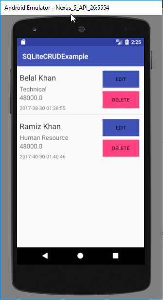 android sqlite database example - read operation